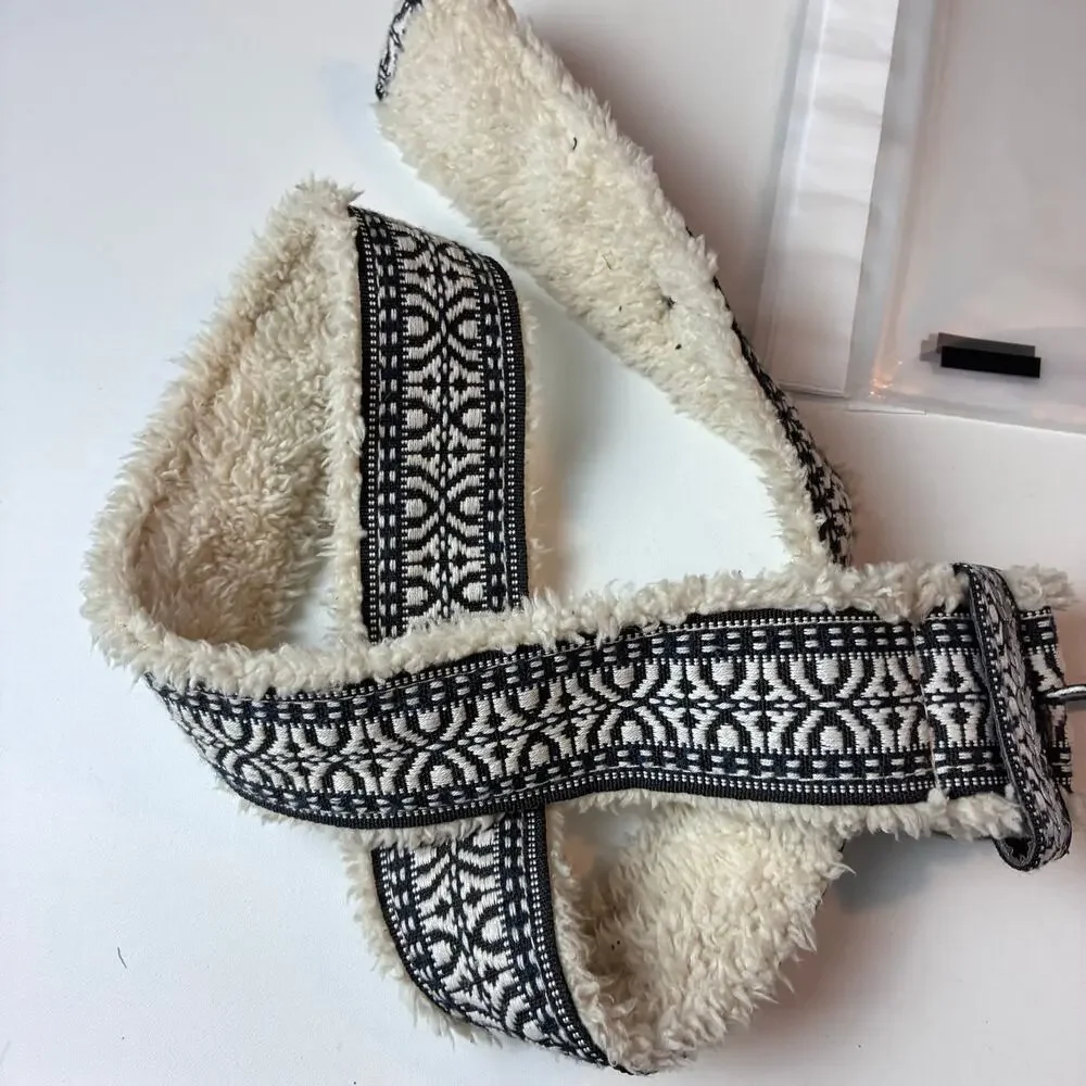 Boho Southwest Geometric Sherpa Fleece Belt Black Cream O-Ring Buckle Size Small